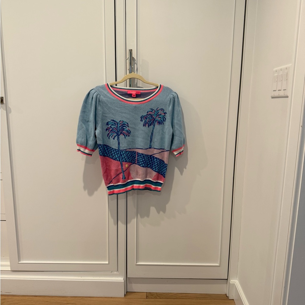 Lilly Pulitzer Ravello Blue Palm Intarsia Sweater with Pink Accents - Picture 5 of 5